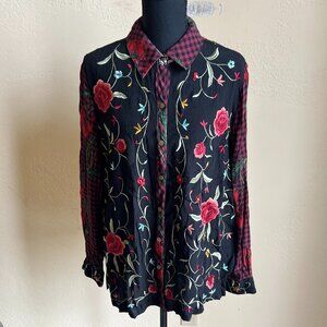 John Mark Floral Embroidered Print Button Down Blouse